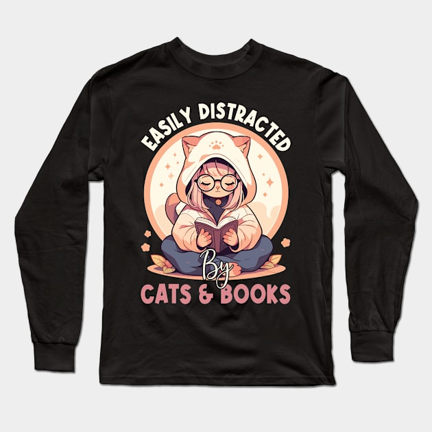 Easily Distracted by Cats and Books Funny Cat Lover Long Sleeve T-Shirt by Rosemat